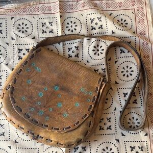Vintage Handcrafted 60s-70s Boho Floral Brown Leather Bag